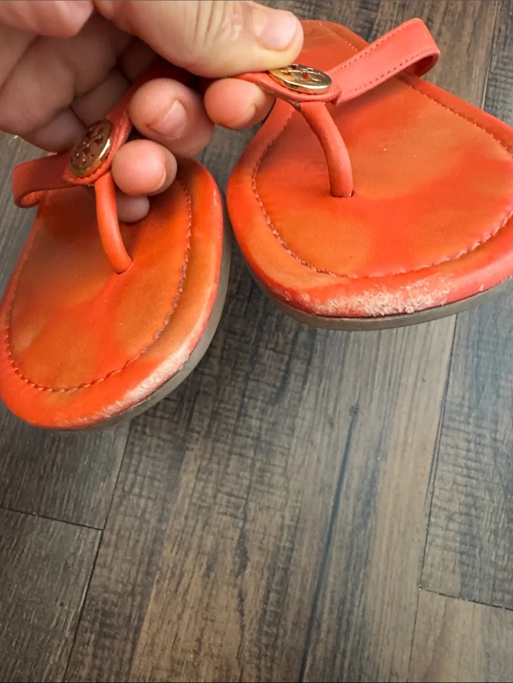 Tory Burch Orange Leather Logo Thong Sandals